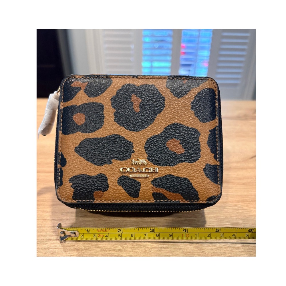 Coach Leopard Print Crossgrain Leather Travel Jewelry Box Case Mirror Gold Tone